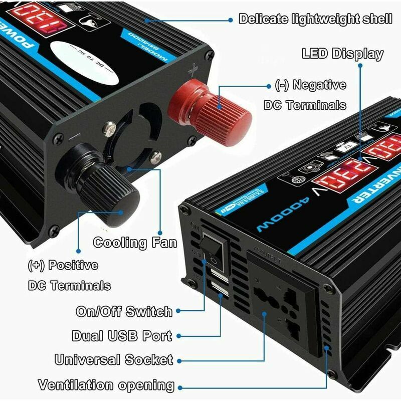 12V to 220V/110V AC Converter for Cars, Dual USB & Modified Transformer Powerful 4000W Pure Sine Wave Inverter