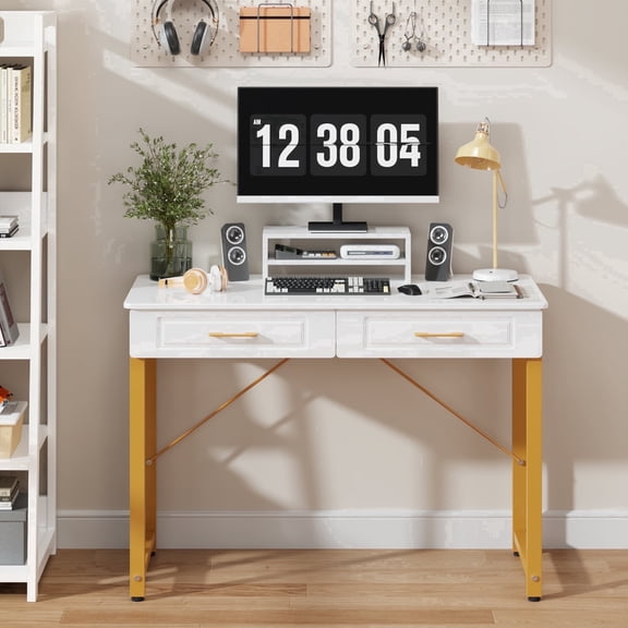 GYIIYUO White Modern Writing Desk with 2 Drawers, Office Desk with Glossy Curved Desktop, Computer Desk with Movable Stand for Bedroom Home Office, White and Gold