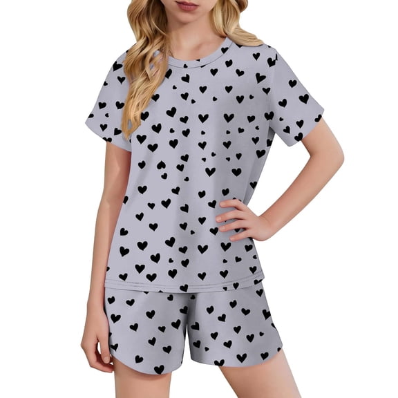 Gamivast 2 Piece Lounge Set for Girls Heart Print Short Sleeve Top and Matching Shorts Stretchy Soft Knit Fabric for Daily Casual Home Sleepwear Outfit