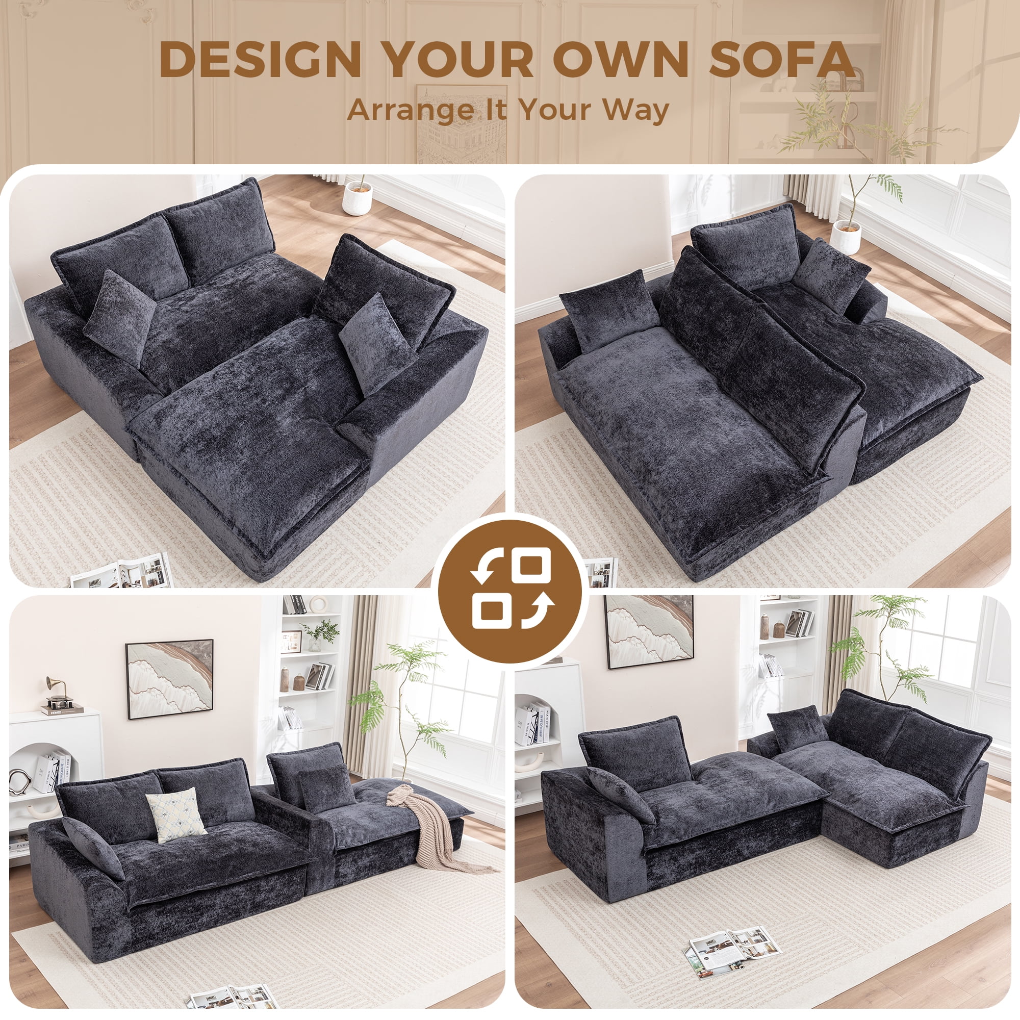 LEHZROAJ 103" Chenille Compressed Sofa,L Shaped Sectional Couch Pillows No Assembly Required for Living Room(Black,Right)
