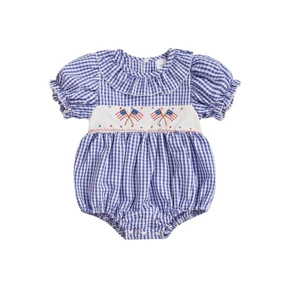 BemeyourBBs Newborn Baby Girl 4th of July Outfit Patriot Independent Day Clothes Smocked Bubble Romper Gingham Plaid Short Puff Sleeve Ruffled USA Flag Embroidery Bodysuit Jumpsuit
