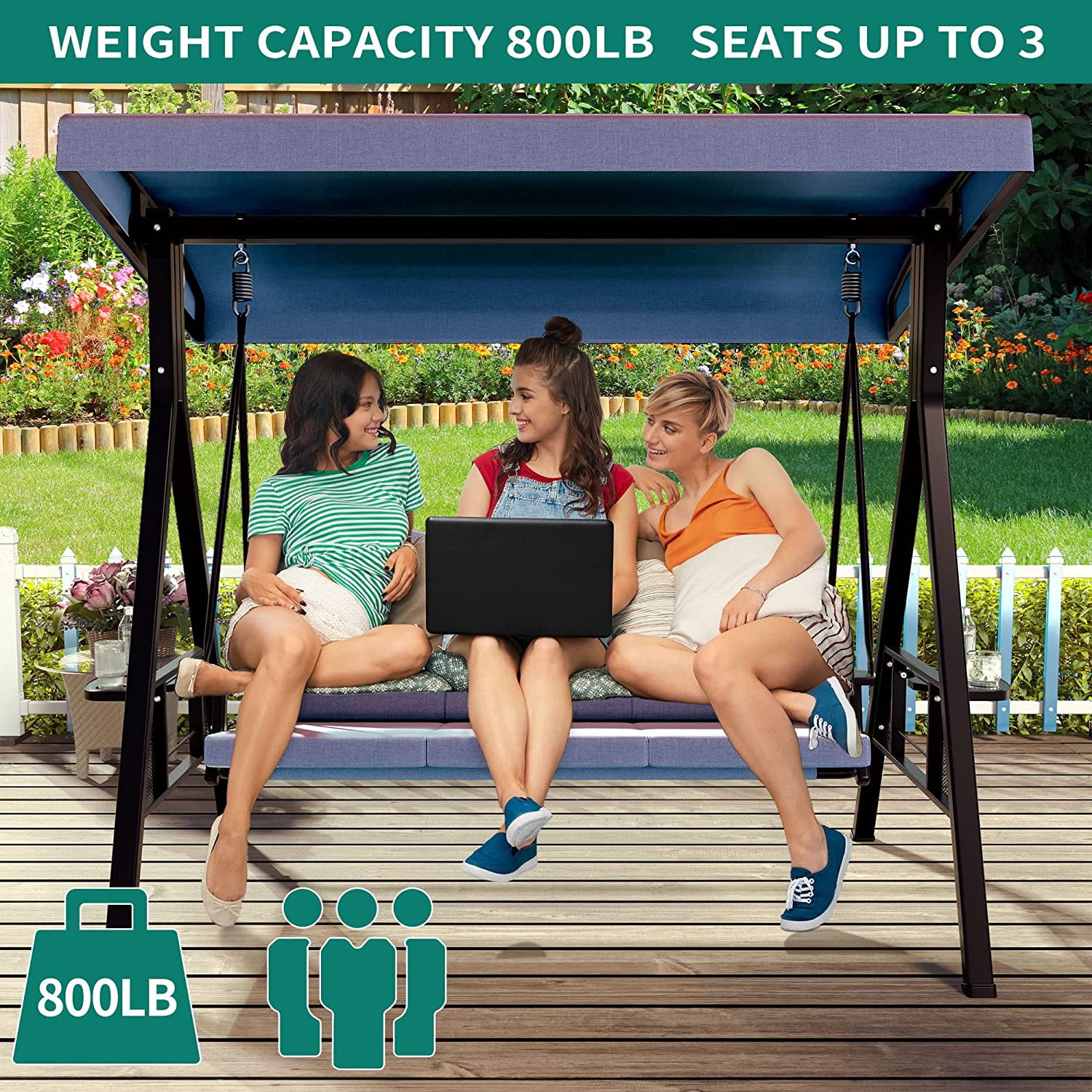 Dextrus Outdoor Patio Swing Chair, 3 Person Porch Swing with Adjustable Canopy, Removable Cushion,Suitable for Garden, Poolside, Balcony,(Navy)