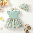 thumbnail image 3 of Kucnuzki Newborn Baby Girl Clothes 0 Months Spring Summer Dress 3 Months Fly Sleeve Fake-Camisole Stitching Floral Prints Dress Hat&Headband 4PCS Set Green 0-3 Months, 3 of 8