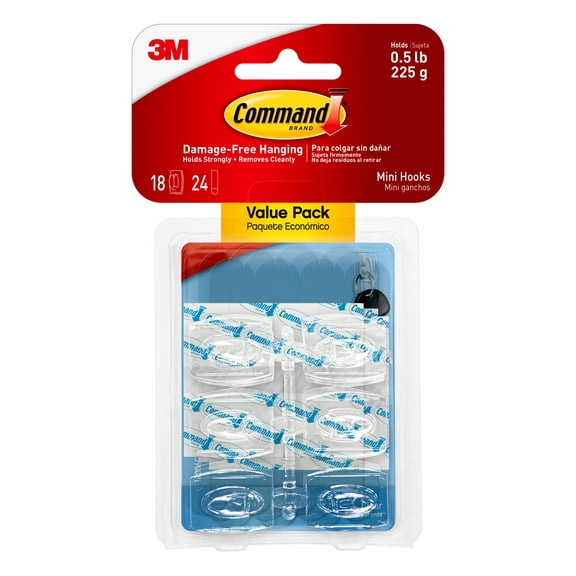 Clear Hooks And Strips, Plastic, Mini, 18 Hooks And 24 Strips/pack | Bundle of 5 Packs