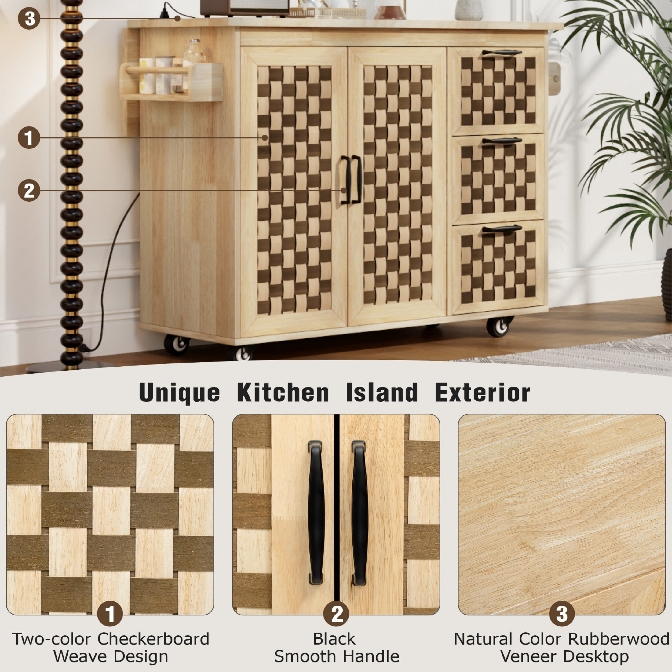 DEALTOPS 53.2'' Kitchen Island with Power Outlet and Drop Leaf, Moving Woven Checkerboard Design Kitchen Storage Carts, Natural