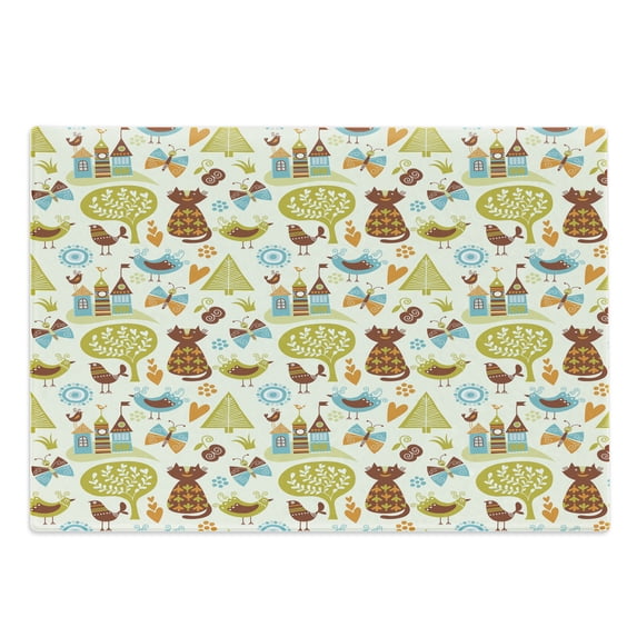 Cats Cutting Board, Cats Birds and Butterflies with Ornate Details Fantasy Castle Trees Hearts, Decorative Tempered Glass Cutting and Serving Board, Large Size, Green Brown Pale Blue, by Ambesonne