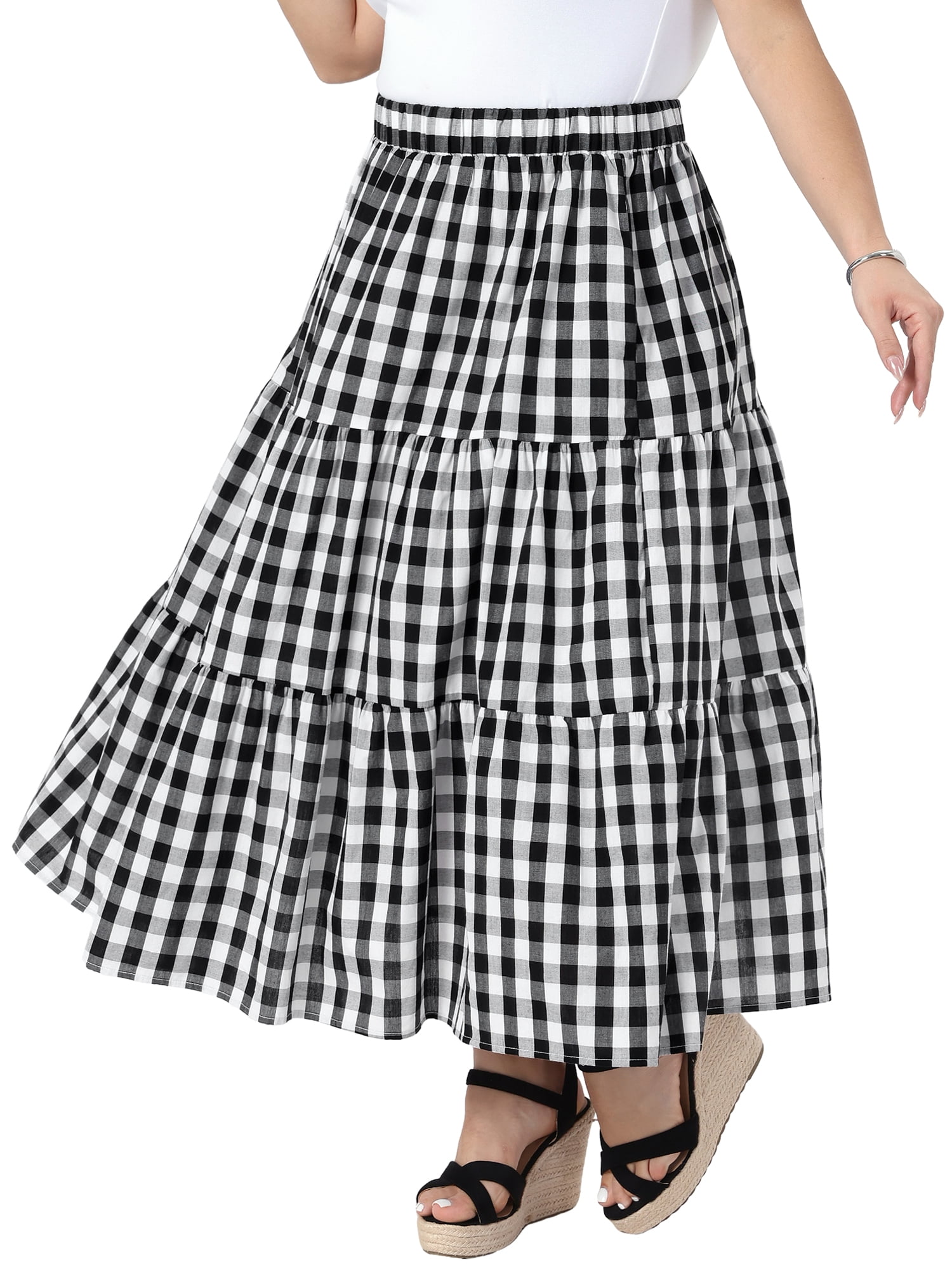 DARING DIVA Women's Plus Gingham Tiered Layer A Line Skirts 2X Black