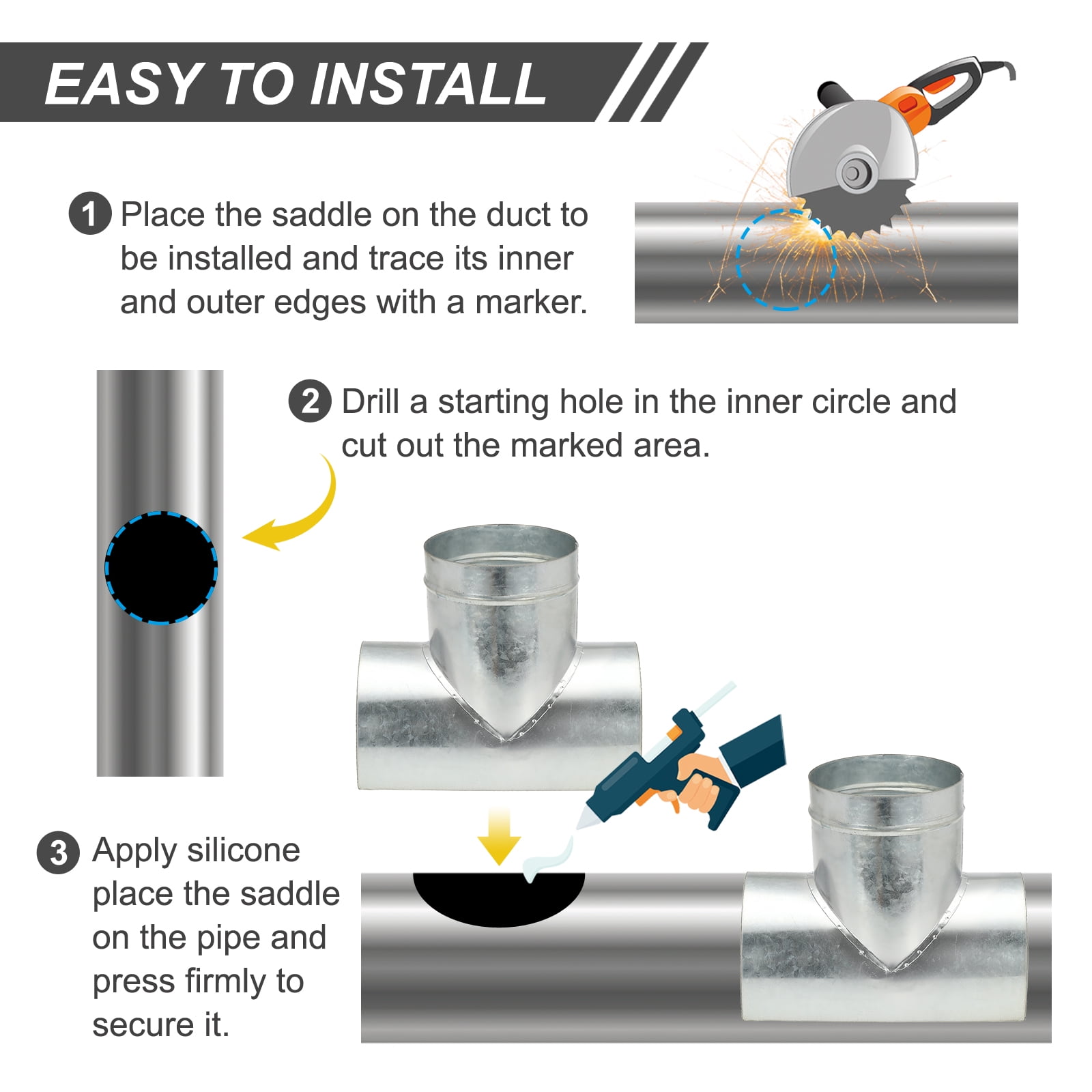 Duct Connector, Saddle Take Off 90 Degree 4" Duct to 4" Outlet Saddle Branch Extension Duct Splitter