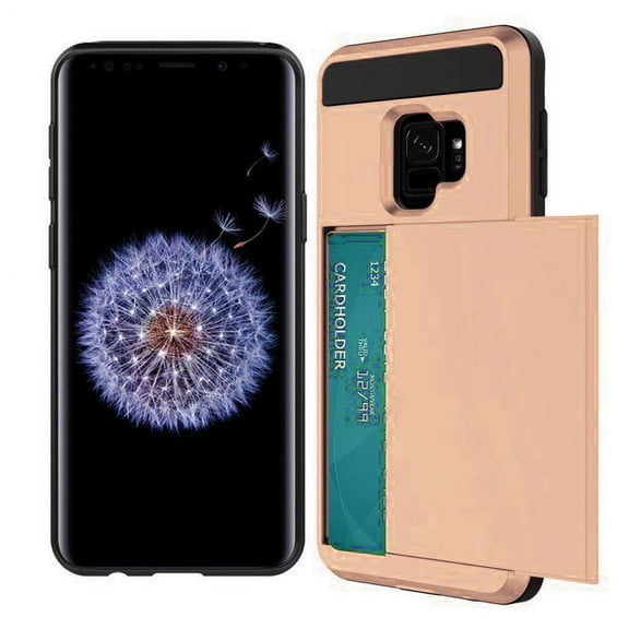 For Samsung S9 Plus Case, SOATUTO S9 Plus Wallet Card Holder Defender Bumper Soft Rubber Hard PC Back Hybrid Shockproof Slide Cover Flexible Protective with Card Slots for Samsung S9 Plus - Rose Gold