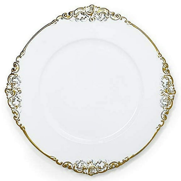 Allgala 13-Inch 6-Pack Heavy Quality Plastic Round Charger Plates-Floral White Gold Trim-HD80341