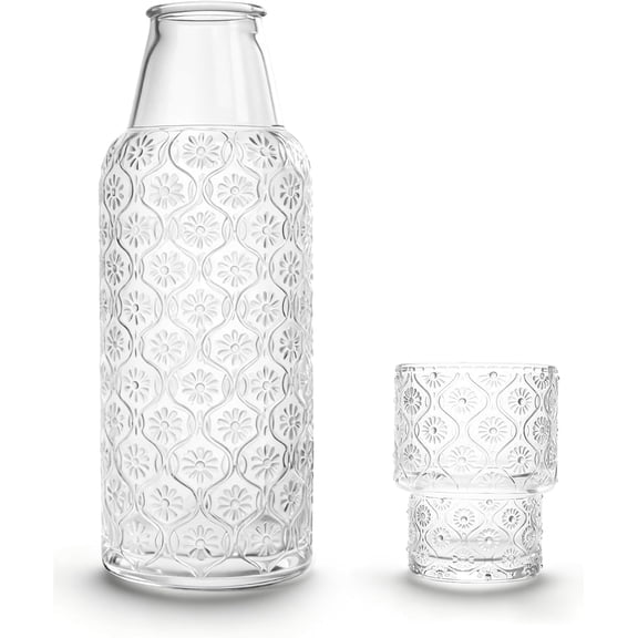 Bedside Water Carafe and Glass Set, 20.5oz Glass Pitcher with 6oz Tumbler Lid, Nightstand Water Container & Mouthwash Dispenser for Bedroom & Bathroom, Daisy-Pattern