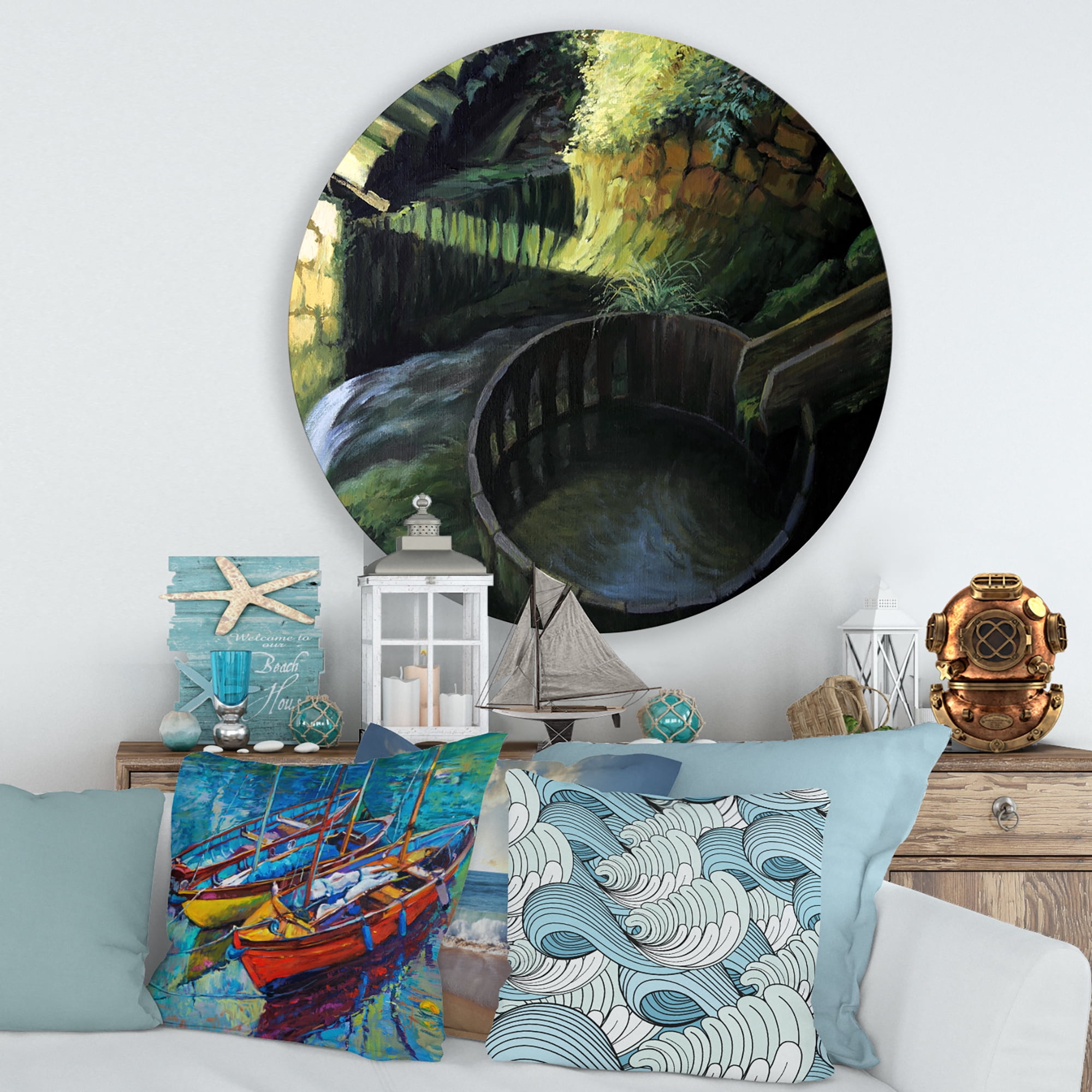 Designart 'Old Watermill In Green Nature Landscape' Lake House Circle Metal Wall Art 29x29 - Disc of 29