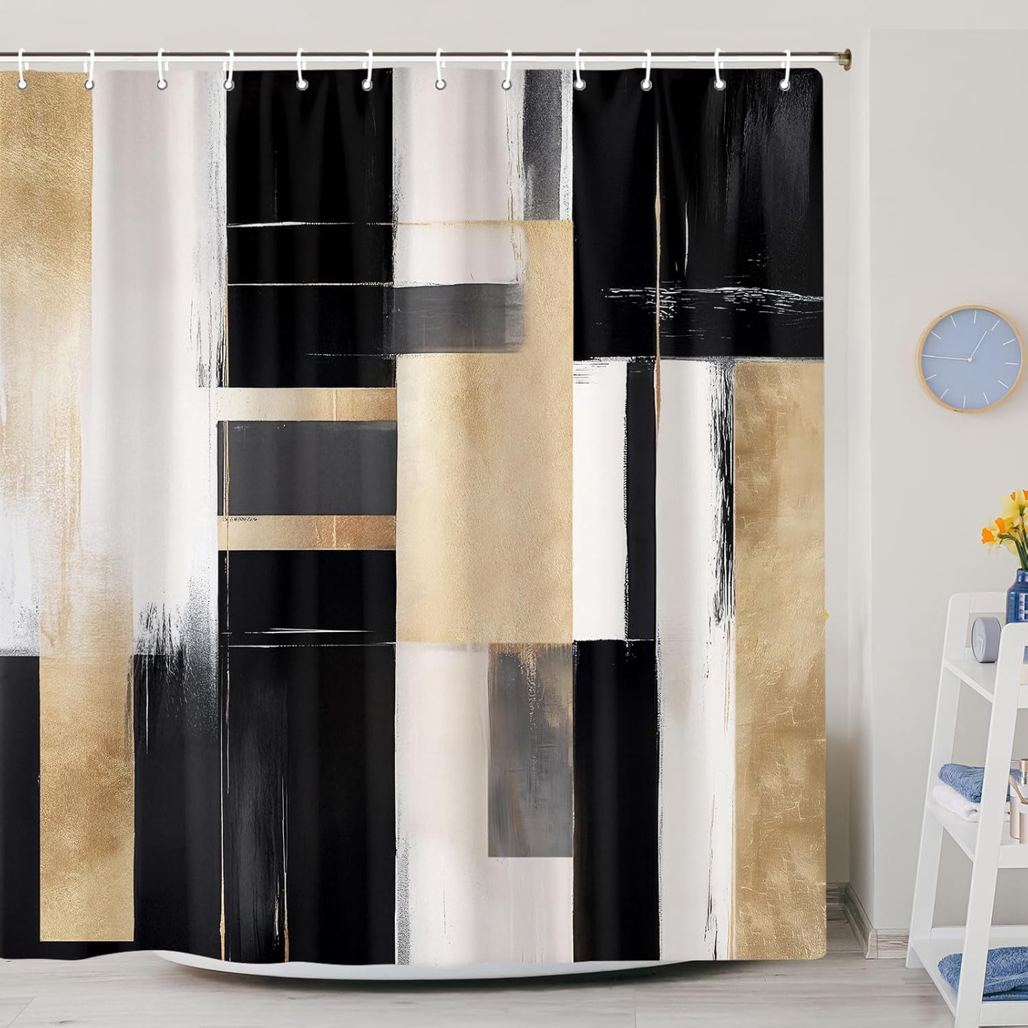 Black and Gold Abstract Shower Curtain, Boho Modern Aesthetic Shower Curtain Set, Beige Cream Brown Oil Painting Neutral Art Shower Curtain for Bathroom Fabric with Hooks 72"W x 78"L (Pack of 1)
