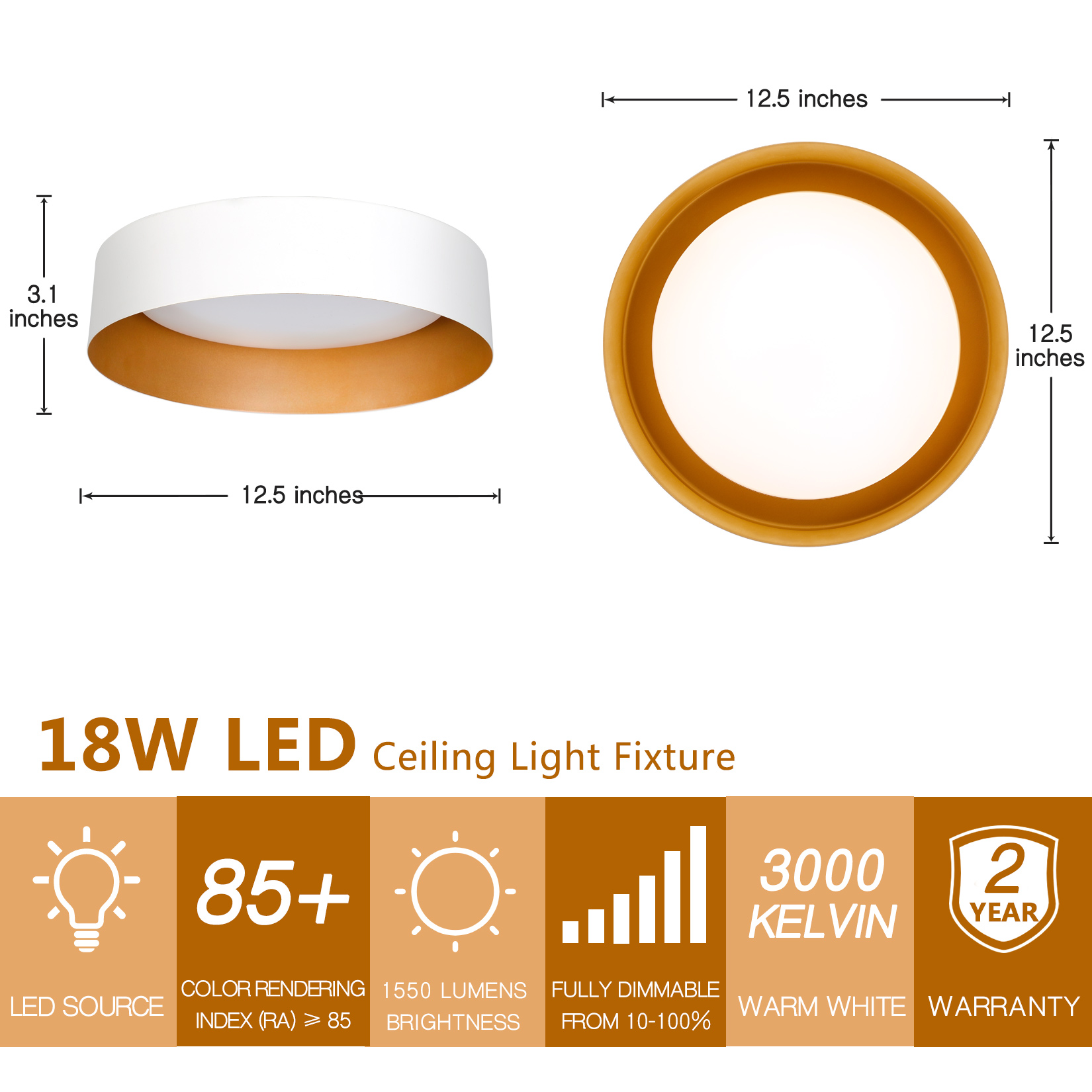BESTOMINE LED Ceiling Light Fixture,12.5 inch Flush Mount Light Fixture,Matte White with Gold Inside,Dimmable 3000K/Warm White/18W(100w Equiv.),Outdoor Lighting Fixtures Ceiling for Bedroom Hallway