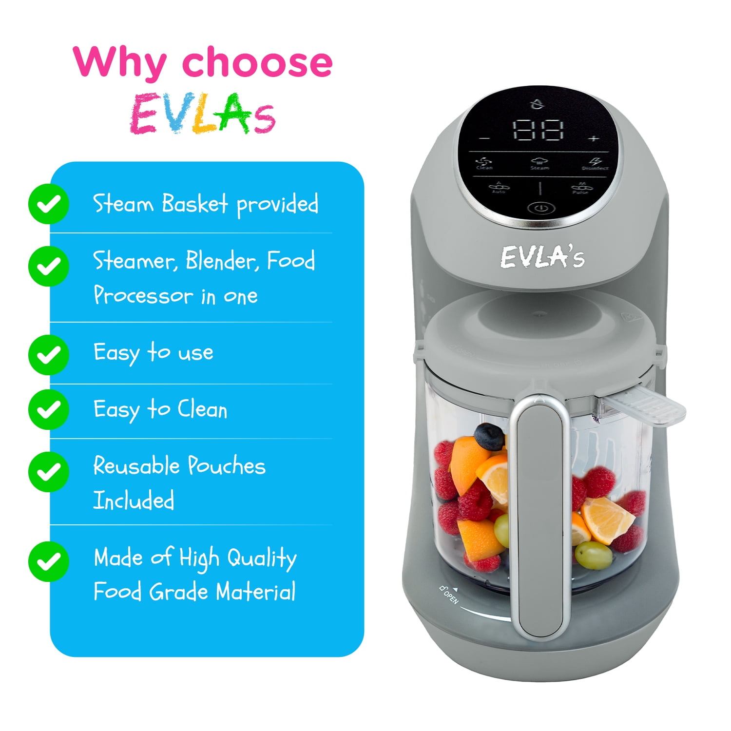 EVLA'S Baby Food Maker, Steamer, Blender, Baby Food Processor, Touch Screen, with 6 Reusable Food Pouches for Storage or Travel, Grey