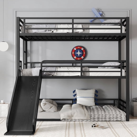 Twin over Twin over Full Bunk Bed with Slide, Metal Triple Bunk Bed with Safety Guardrails, Heavy-duty Bunk Bed with Noise-reduced Design, Black