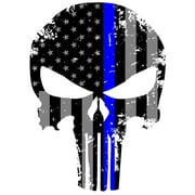 K9King Punisher Skull 5.5 x 4 Inch Tattered Subdued Us Flag Reflective Decal with Thin Blue Line