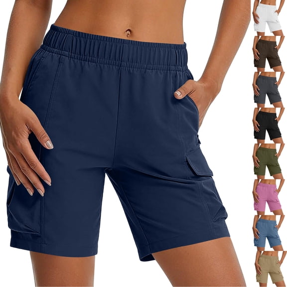 Women's Nylon Spandex Lightweight Shorts with Zippered Pockets, Mid Elastic Waist, Quick Dry Outdoor Leisure Hiking Running Casual Travel Athletic Shorts for Women | UKHCCC,Black L