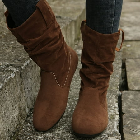 

Aayomet Fall Boots for Women Colour Simple Round Toe Suede Flat Bottom Sleeve Mid Calf Boots (Coffee 7.5)