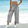 thumbnail image 5 of AKOEE Cute Summer Capris Plaid Print Smocked High Waist Wide Leg Capri Pants Pockets Ruffle Hem Casual Beach (S, Black), 5 of 7