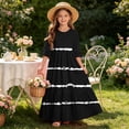 thumbnail image 7 of Girls Summer Maxi Dress Kids Striped Short Sleeve T-Shirt Dress for School Casual Dress with Pockets Black 9-10 Years, 7 of 7