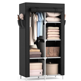 69-Inch Portable Closet Wardrobe - Large Storage Organizer, Black, Easy Assembly, Space Saving For Home