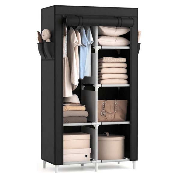 Closet Wardrobe Closet for Hanging Clothes with 6 Storage Shelves, 1 Hanging Rod and 4 Pockets, Free Standing Closet Clothes Organizer for Bedroom, Sturdy and Easy Assemble