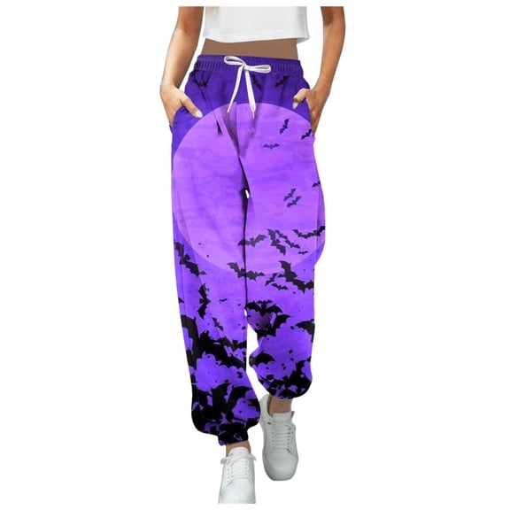 Women Fashion Trousers Pumpkin Halloween Suitable Print Bottom Sweatpants Pockets High Waist Sporty Gym Athletic Fit Jogger Pants