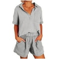 thumbnail image 2 of 2 Piece Sets Lounge for Women Summer Cotton Linen Tracksuit V Neck Crop Tops and High Waisted Shorts with Pockets, 2 of 5
