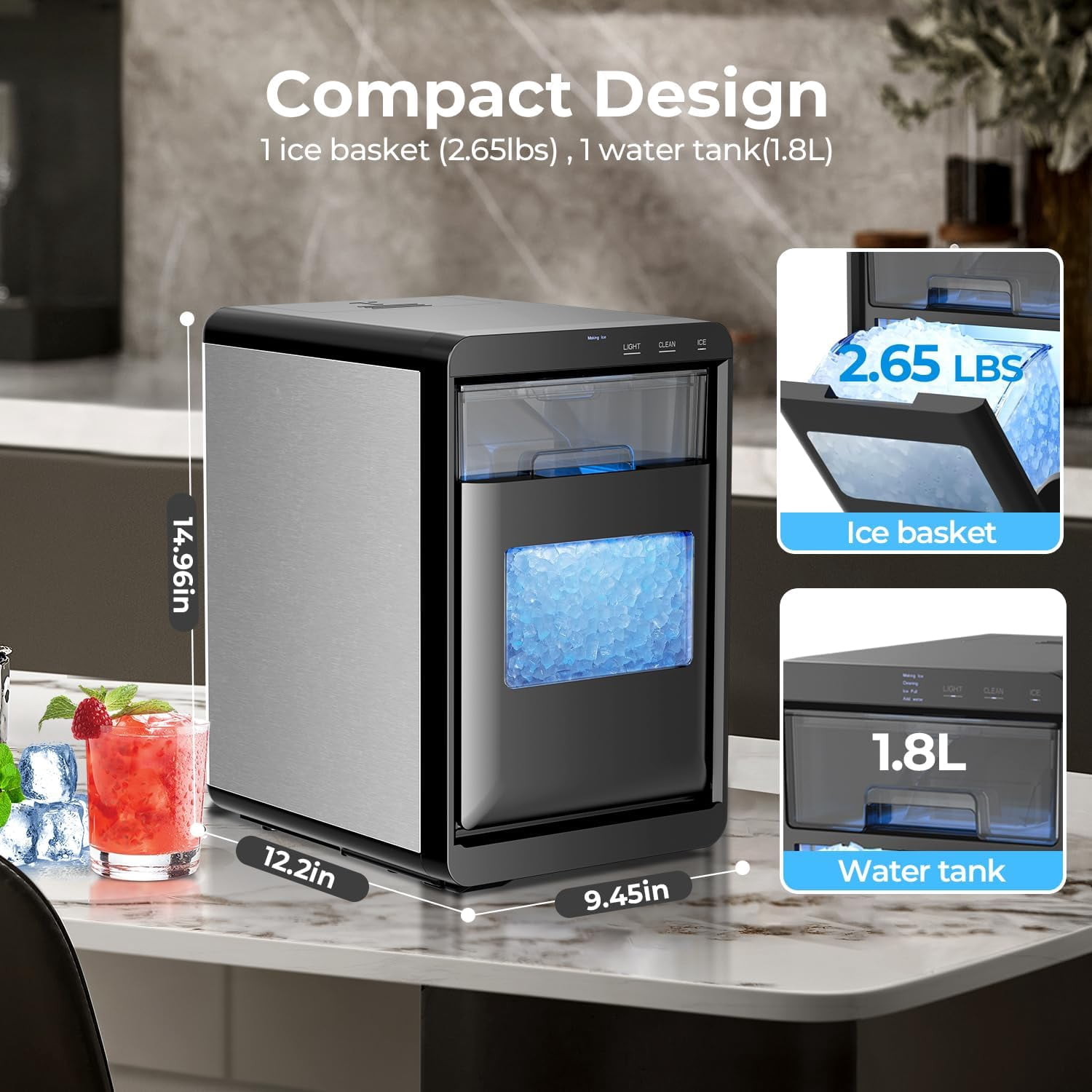 Portable Countertop Ice Maker Machine, 6-Minute 8-Cube Bullet Ice, 26lb Daily, 2 Sizes, Energy Saving with Basket for Home Travel Camping Bar