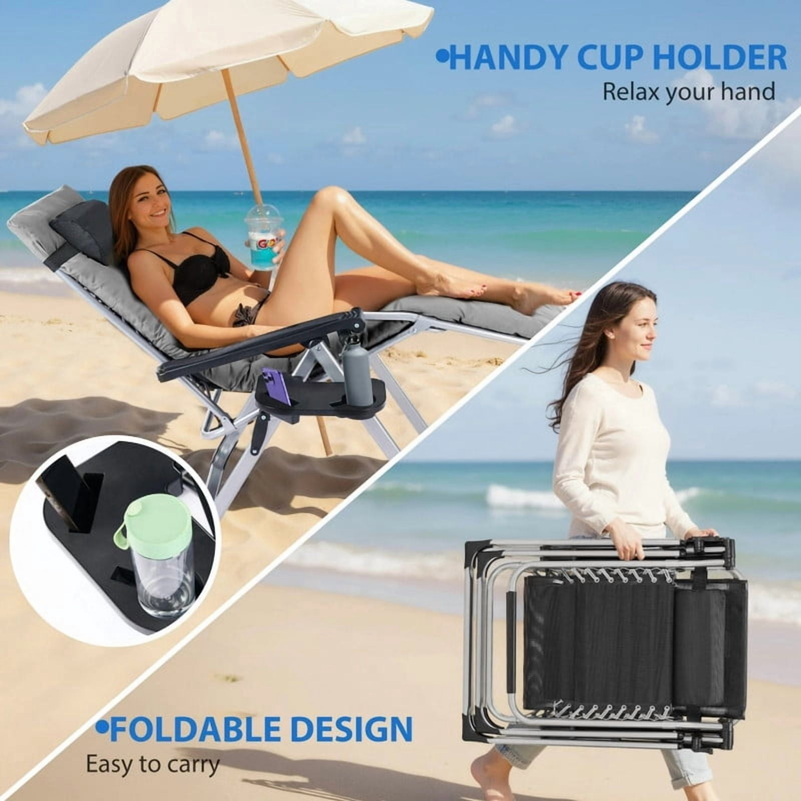 Kelno Padded Recliner Chair Zero Gravity Camping Chair Holder Trays Outdoor Portable Patio Lounge Chair with Removable Cushion Headrest Cup, Gray