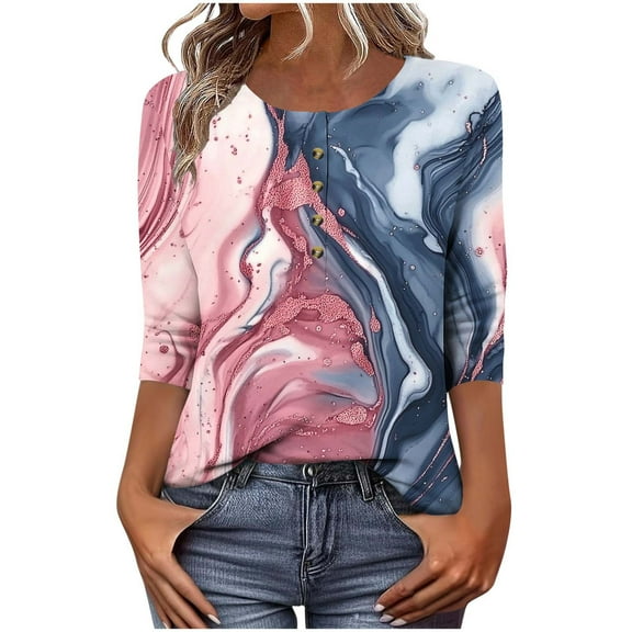 Youyipin Womens T Shirts 3/4 Length Sleeve Womens Tops Summer Three Quarter Striped Shirts Dressy Casual Printed Tunic Tops Women Blouses Spring Outfits For Women 2025