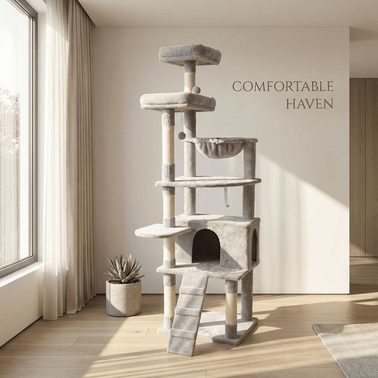 ZephyPaws 71" Tall Cat Tree for Indoor Cats,Multi-Level Cat Tower with Condo, Hammock & Top Perch,Scratching Posts,Light Grey