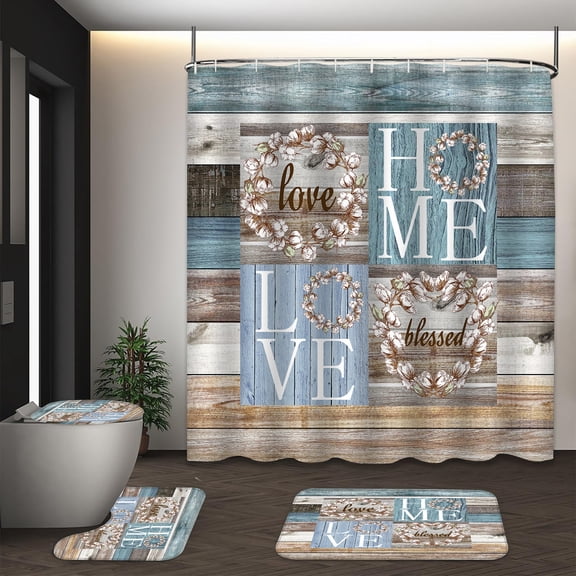 LVRLVR Patchwork Wood Love Home Print 4 Pcs Bathroom Set, Polyester Shower Curtain with High Elastic Sponge Mats & C-shaped Plastic Hooks, 70.8×70.8 Inch