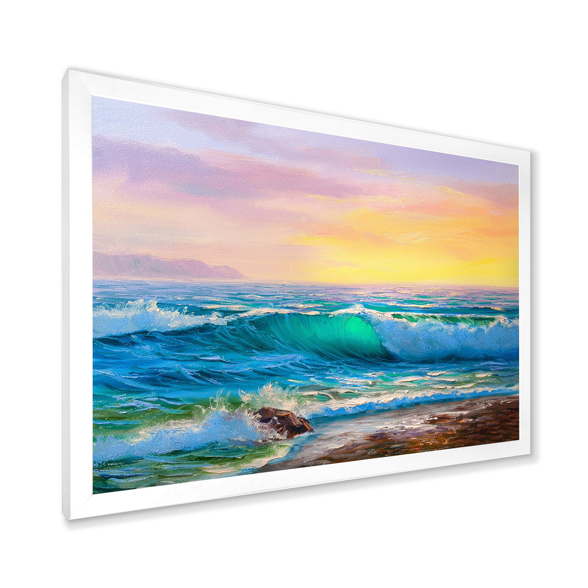 Designart 'Blue Waves Breaking At The Beach Landscape IV' Nautical & Coastal Framed Art Print