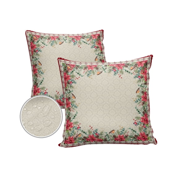 Pack of 2 Outdoor Pillow Covers, Christmas Eucalyptus Poinsettia Bird in Texture Background Waterproof Square Throw Pillowcase Cushion Decorative Pillow Covers for Couch Patio Tent, 16x16 in