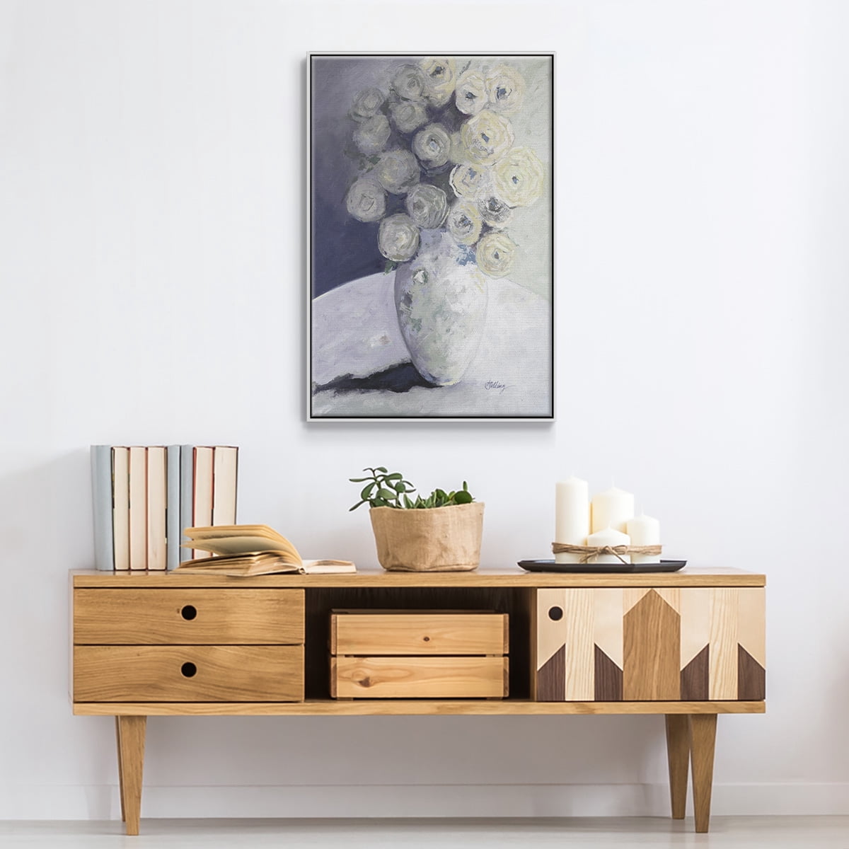 Green Vase with Yellow Flowers Framed Premium Gallery Wrapped Canvas - Ready to Hang - 25 x 37 - White Floating Frame
