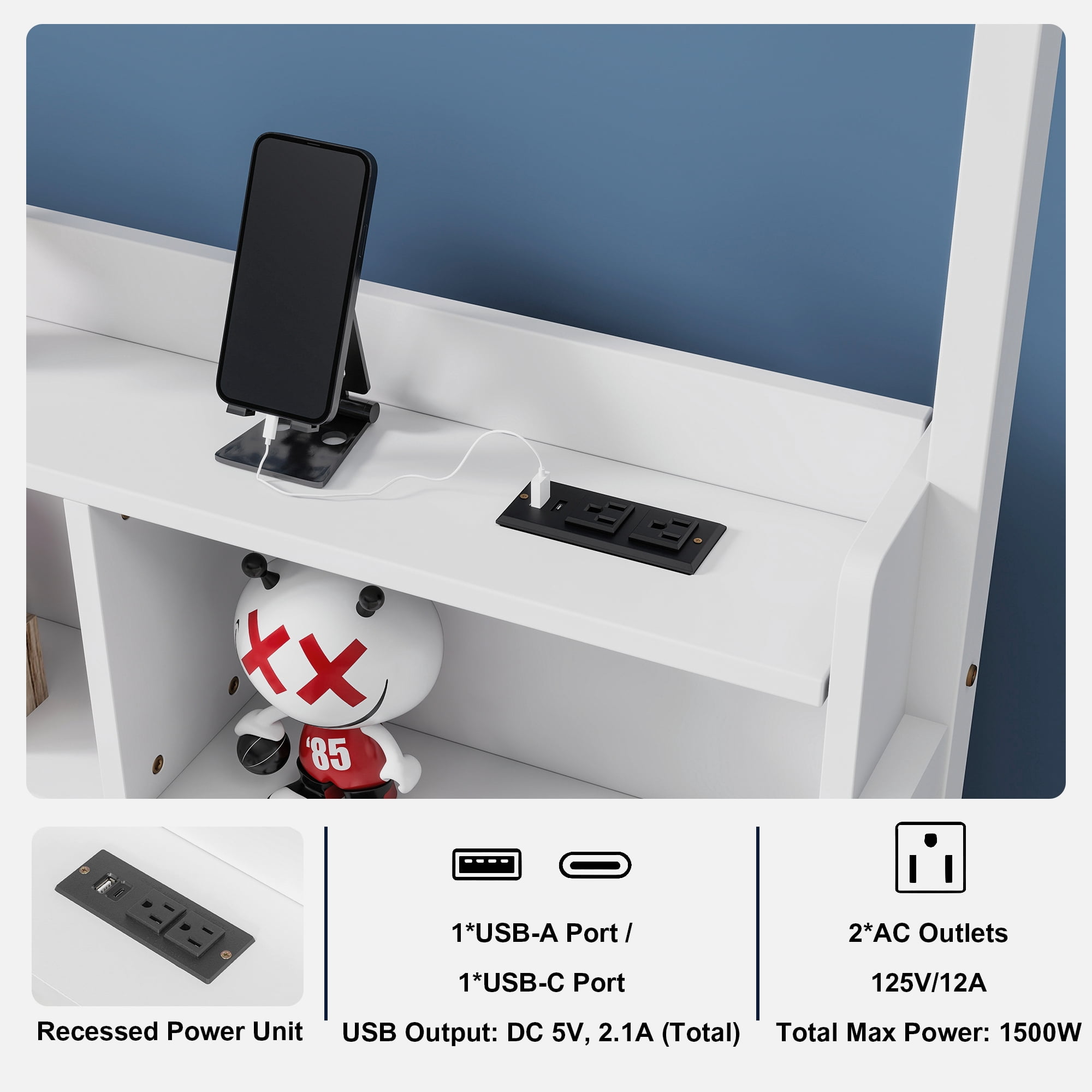 Floor Bed with House Design and Storage Shelves, Full Pine Wood Platform Bed and Charging Station Bed Frame with LED Lights and Guardrails, White