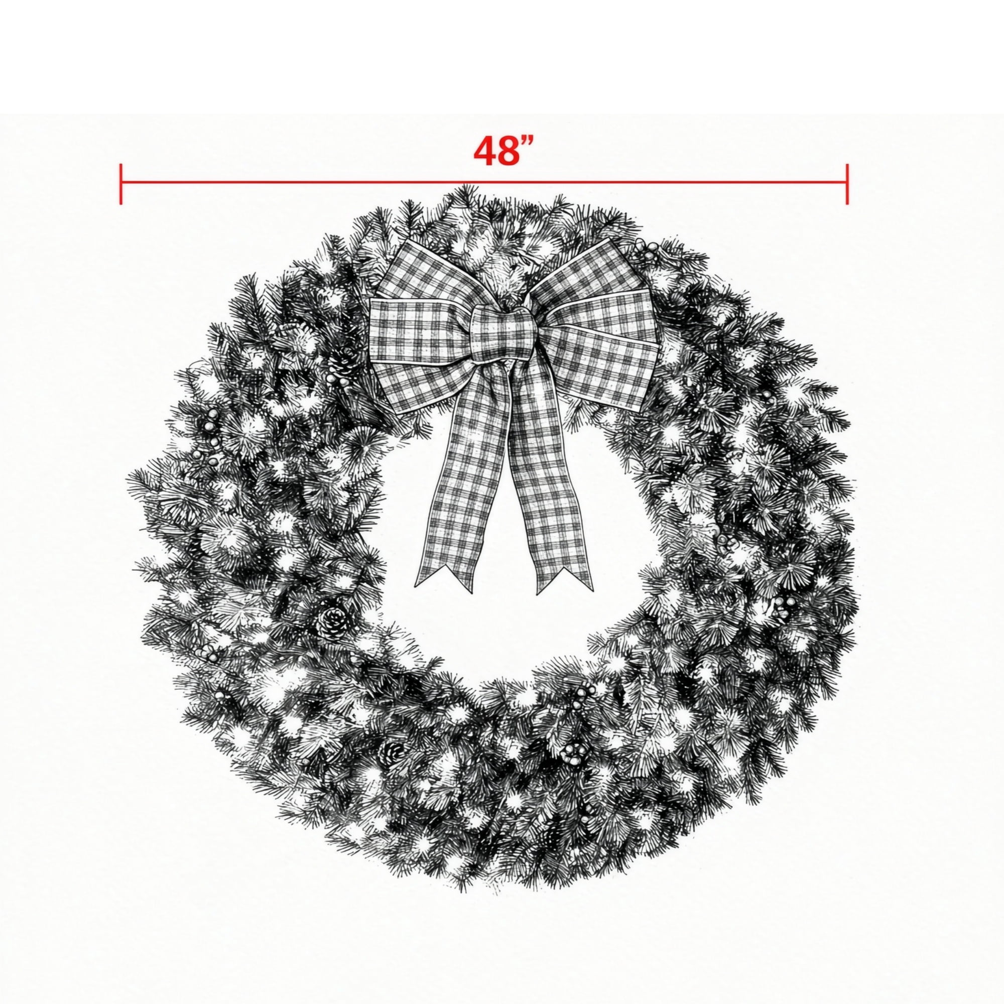 Pre-Lit Holiday Wreath with 150 Warm White LED Lights, 8 Lighting Modes, 48 in Diameter, PVC Tips and Steel Frame, Red Berries, Pinecones and Buffalo Plaid Bow for Front Door and Mantel