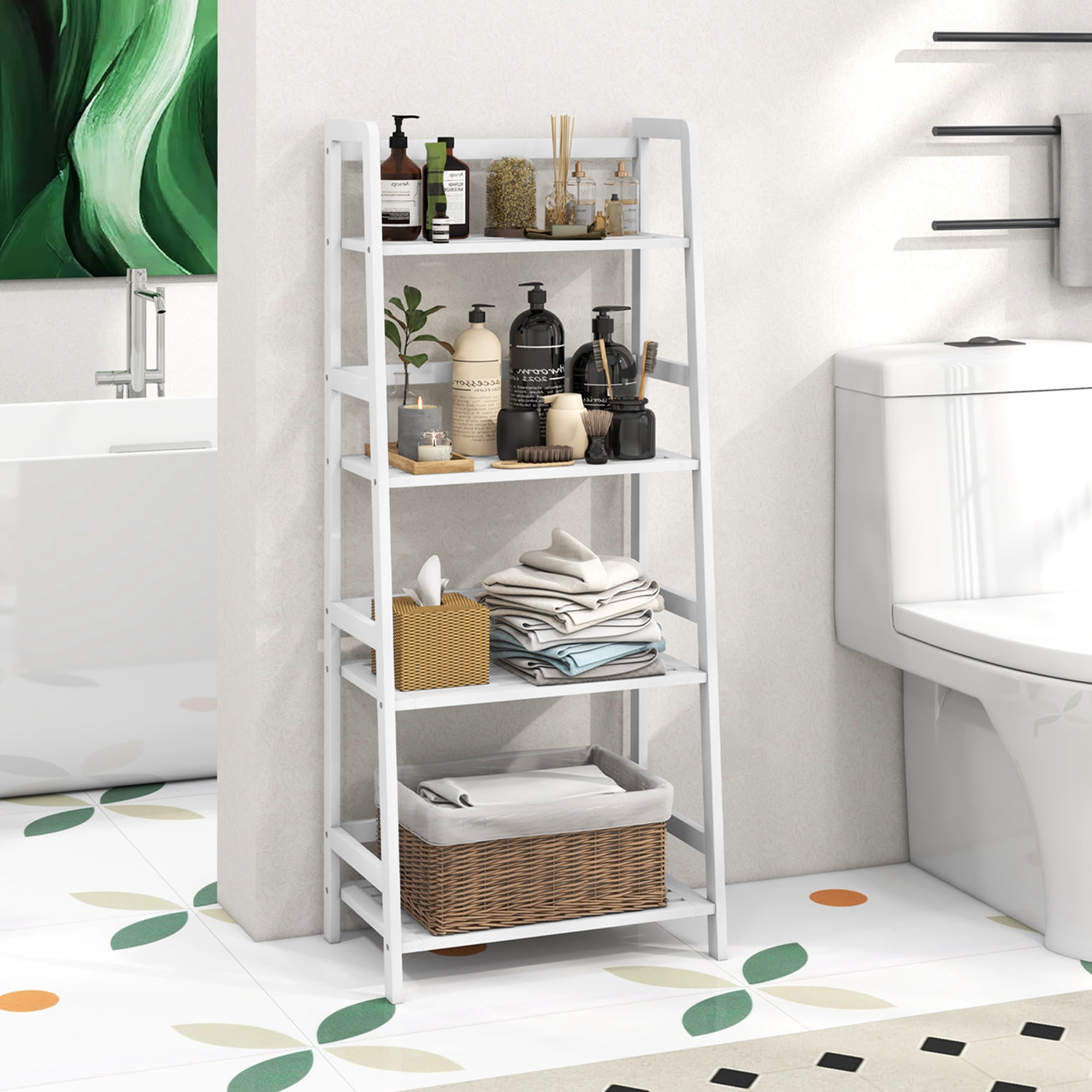 Costway Multifunctional 4 Shelf Bamboo Bookcase Ladder Plant Flower Stand Rack Storage White