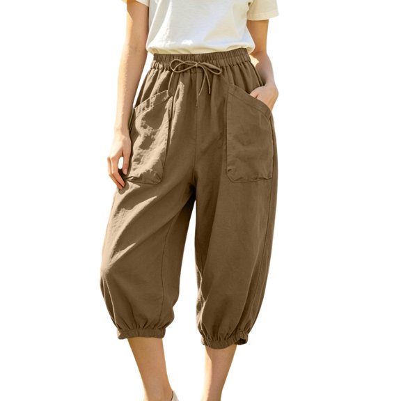 Maean Cotton Linen Capris Pants for Womens Drawstring Elastic Waist Drawstring Capri Pant Tapered Trousers with Pockets