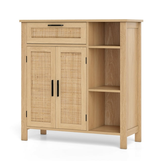Gymax Buffet Bahut avec Portes Tressées en Rotin et Tiroir, Tablette Réglable et Casiers Ouverts