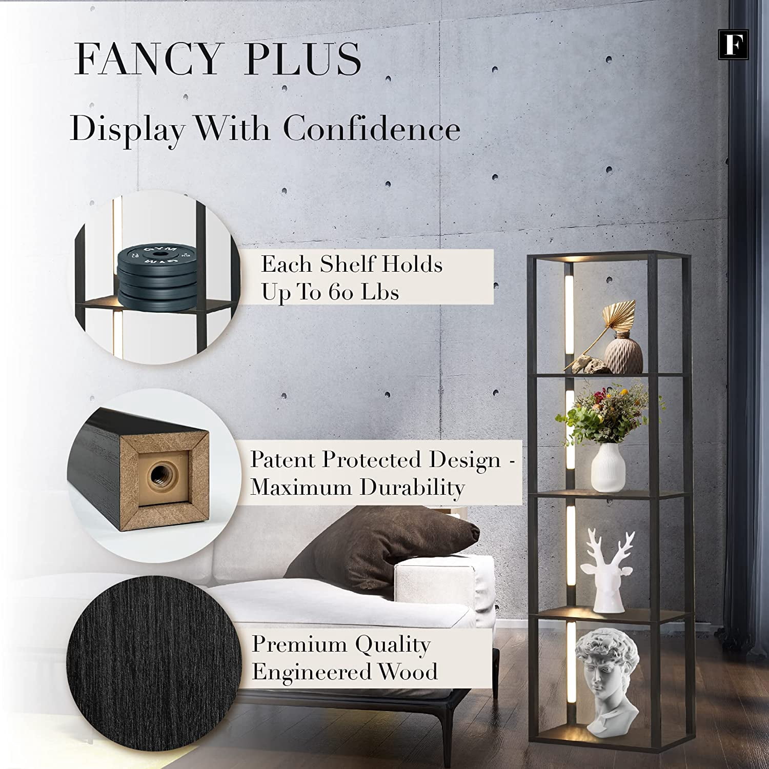 FENLO Fancy - LED Display Shelf with Dimmable Lights, LED Shelf Floor Lamps for Living Room, Sturdy Corner Shelf Curio Cabinet Display, Tall Floor Lamps with Shelves