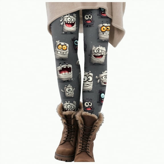 CAUYDY Women's Halloween Leggings Skull Pumpkin Print Stretchy Soft High Waisted Workout Sports Yoga Pants(Grey,S)