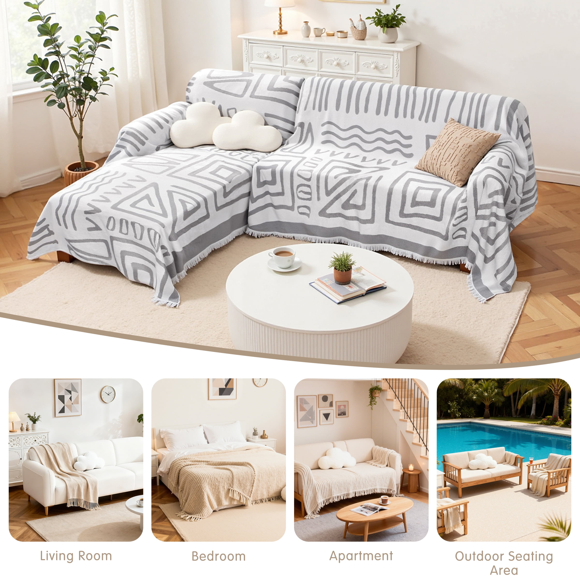 Dyfun Boho Reversible Loveseat Cover - Pet-Proof Chenille Sofa Protector & Decorative Throw for 2-Cushion Couches, 71"x118"