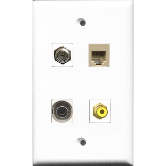 RiteAV 1 Port RCA Yellow and 1 Port Coax Cable TV- F-Type and 1 Port Phone RJ11 RJ12 Beige and 1 Port 3.5mm Wall Plate