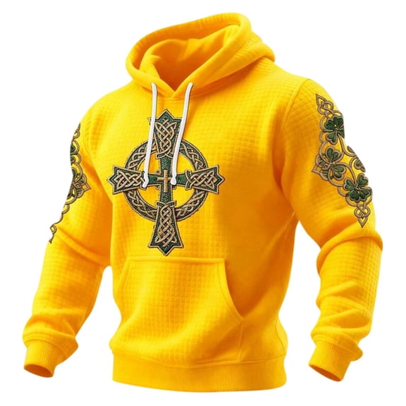 IWRICH Men's St. Patrick's Day Printed Waffle Knit Hoodie Irish Celtic Cross Shamrock Sweatshirt Yellow XL