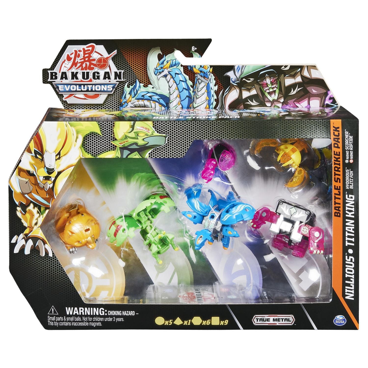 Bakugan Evolutions, Nillious and Titan King Battle Strike Pack, Includes 6 Bakugan Action Figures, 9 Trading Cards and 8 BakuCores, Kids Toys for Boys, Ages 6 and Up