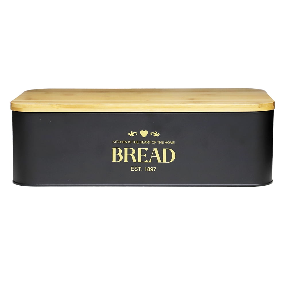 Home Basics Bistro Tin Bread Box with Bamboo Lid, Black