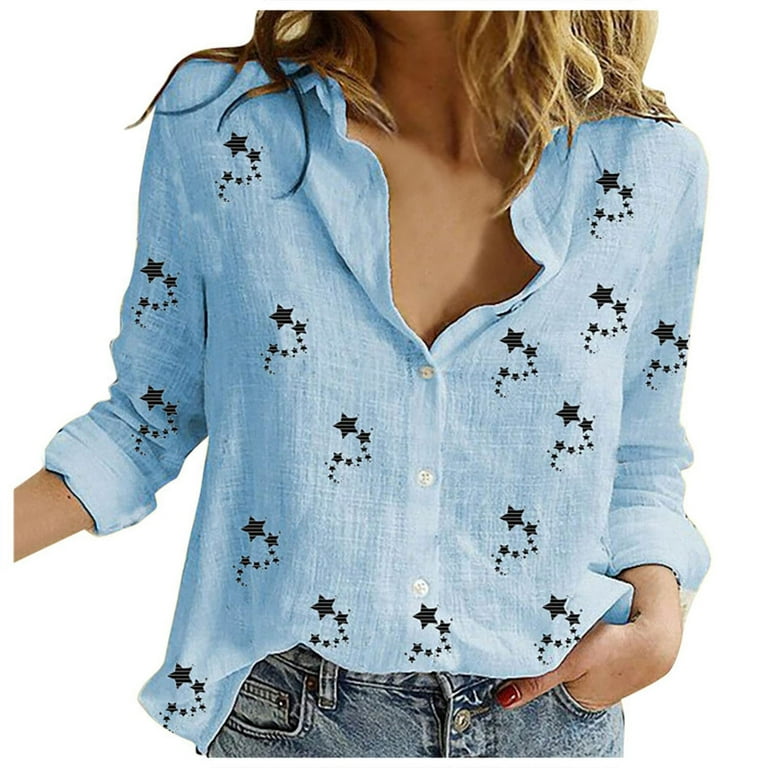 Babysbule Women's Clearance Tops Fashion Women's Loose Buttons Printing  Lapel Long Sleeves T-shirts Blouse Tops 